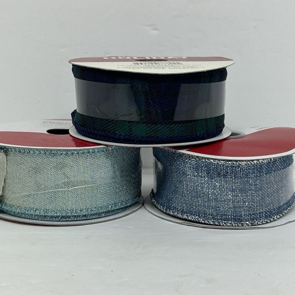 Celebrate It & Maker's Holiday Christmas Wired Ribbon Lot Plaid Shimmer Blue